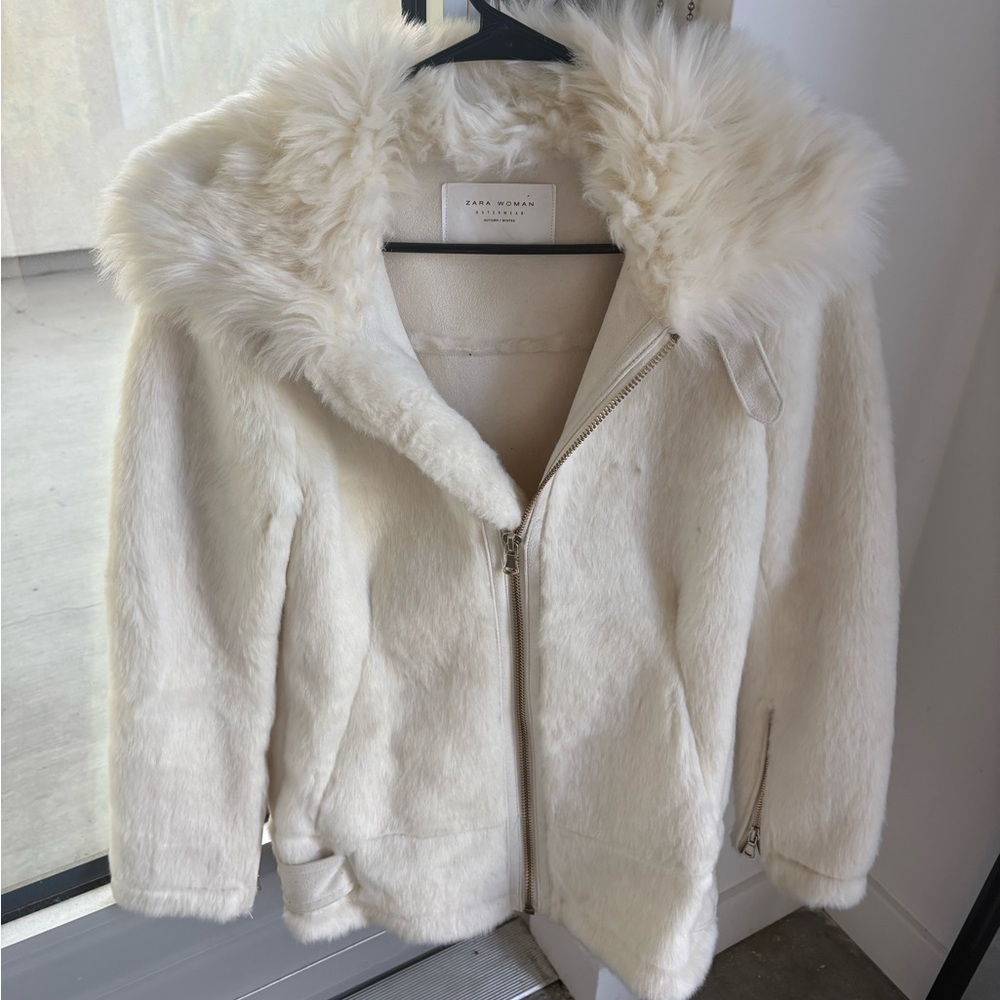 Zara Cream Teddy Jacket with Faux Fur Hood